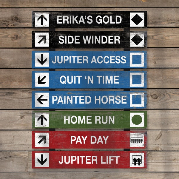 Personalized ski trail signs, rustic and woodsy trail markers with a distressed vintage style perfect for an old lodge, ski cabin or Airbnb