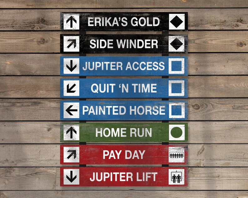 Personalized ski trail signs, rustic and woodsy trail markers with a distressed vintage style perfect for an old lodge, ski cabin or Airbnb image 1