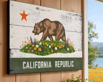 California Flag Rustic Wood Sign – California Republic Wildflower and Wildlife Decor