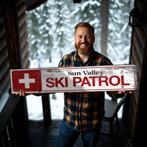 Customize this wood sign, rustic and distressed ski resort patrol sign, woodsy and weathered vintage cabin, Airbnb and rugged mountain decor