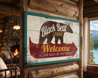 Black Bear Lodge Retro Resort Welcome Sign, Vintage Style Rustic Wood Cabin Decor