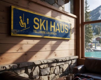 Personalized rustic wood Ski Haus cabin sign - weathered and distressed vintage style decor
