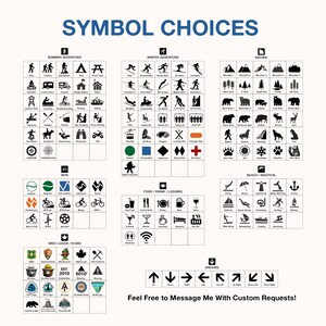 May include: A collection of black and white icons and symbols for various activities and categories, including summer and winter adventures, nature, beach/nautical, MTB, food/drink/lodging, and miscellaneous logos. Text at the top reads "SYMBOL CHOICES".
