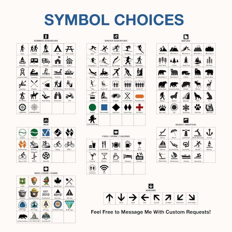 May include: A collection of black and white icons and symbols for various activities and categories, including summer and winter adventures, nature, beach/nautical, MTB, food/drink/lodging, and miscellaneous logos. Text at the top reads "SYMBOL CHOICES".