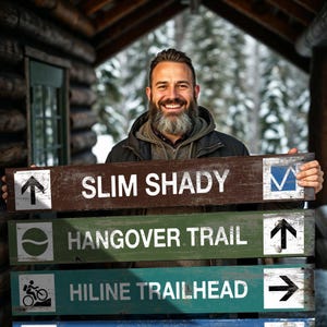 May include: A man holding wooden trail signs with white text and directional arrows. The signs read "SLIM SHADY", "HANGOVER TRAIL", and "HILINE TRAILHEAD". The signs are brown, green, and teal, with a snowy forest background.