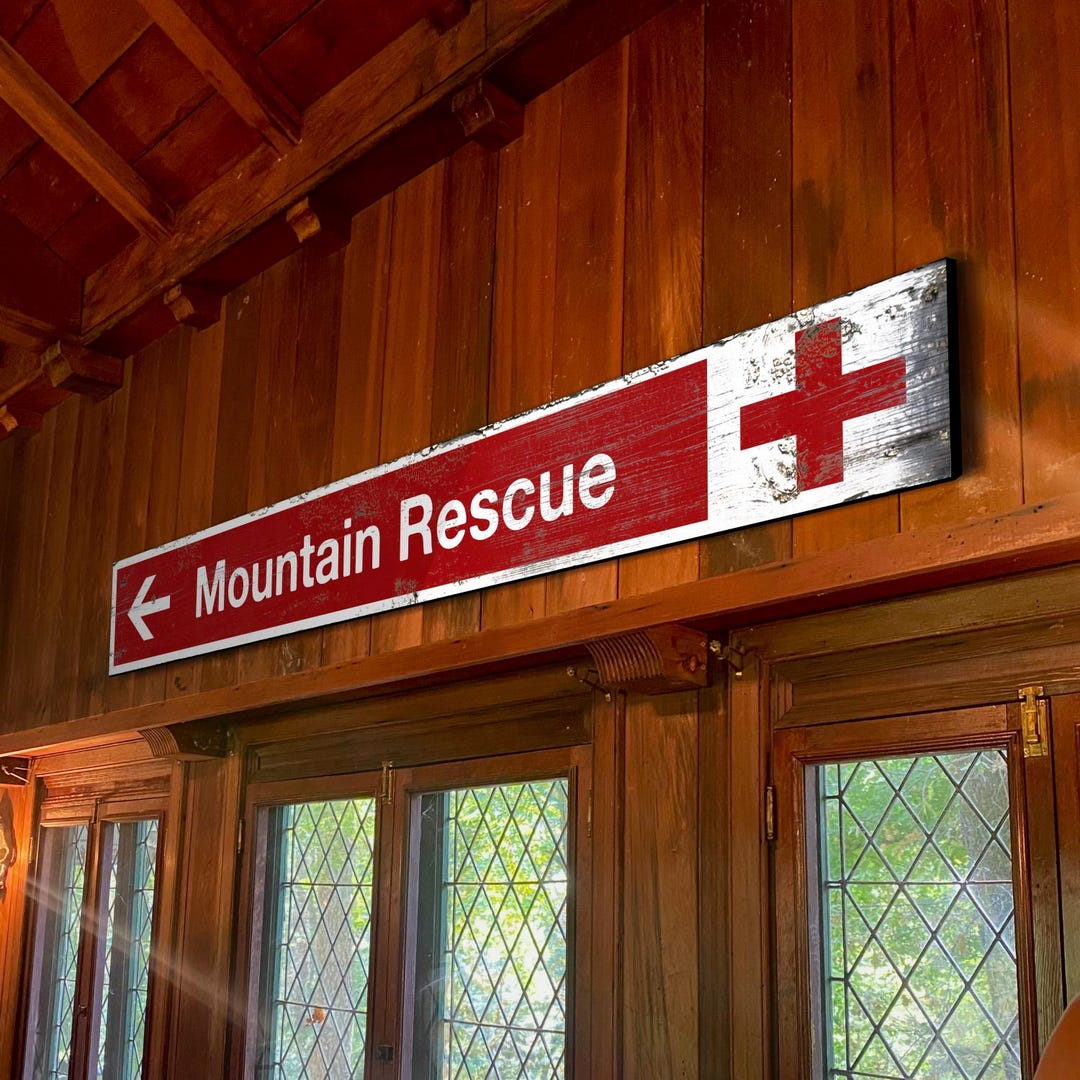 Mount Rescue Wall Sticker Personalized Mountain Rescue Sign - Rustic Wood Decor for Ski Lodge and ...