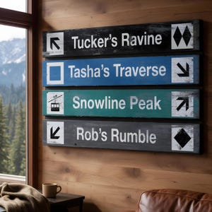 May include: A set of four horizontal wooden ski trail signs with distressed finishes. The signs feature white text reading Tucker's Ravine, Tasha's Traverse, Snowline Peak, and Rob's Rumble, accompanied by directional arrows and various ski icons.