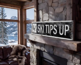 Personalized Ski Tips Up Wood Sign, Rustic Mountain Lodge Decor
