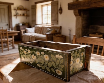 Caja de centro de mesa artesanal con diseño de margaritas y estilo folclórico – Jarrón de mesa de estilo europeo, decoración de pino envejecido