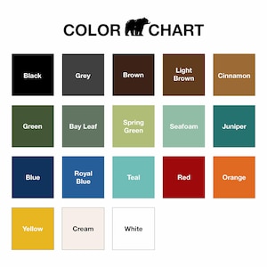 May include: Color chart with 16 different color swatches. The colors are: black, grey, brown, light brown, cinnamon, green, bay leaf, spring green, seafoam, juniper, blue, royal blue, teal, red, orange, yellow, cream, and white.