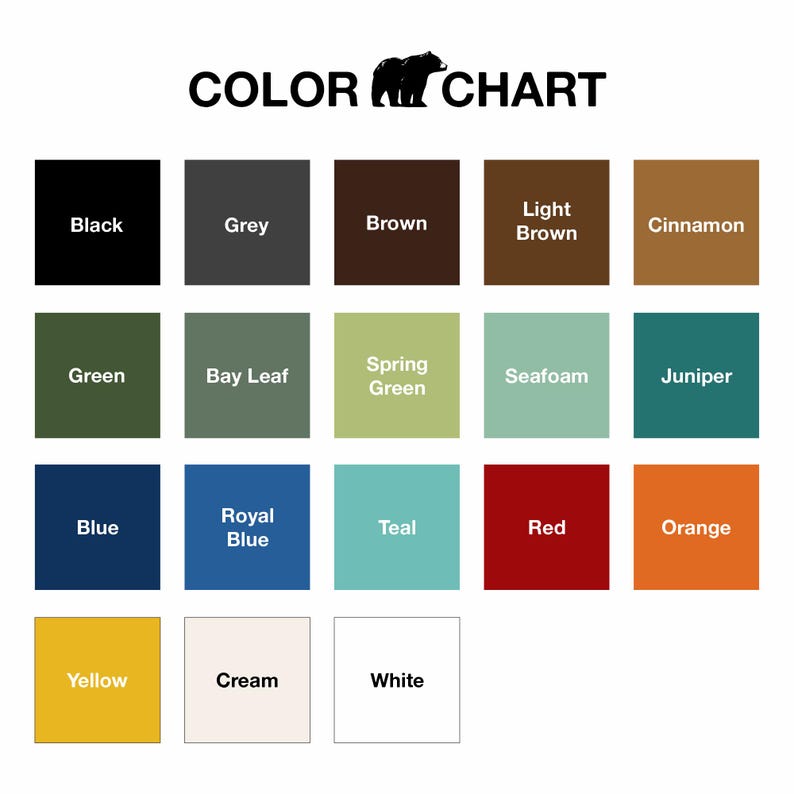 May include: Color chart with 16 different color swatches. The colors are: black, grey, brown, light brown, cinnamon, green, bay leaf, spring green, seafoam, juniper, blue, royal blue, teal, red, orange, yellow, cream, and white.