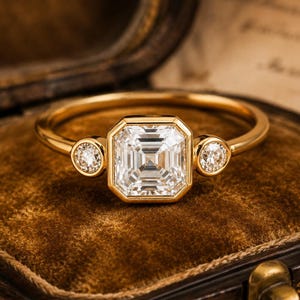 May include: A gold ring featuring a central square-cut stone in a bezel setting, flanked by two smaller round-cut stones on either side. The band is smooth and polished gold, showcasing a classic three-stone design with clear, faceted gemstones.