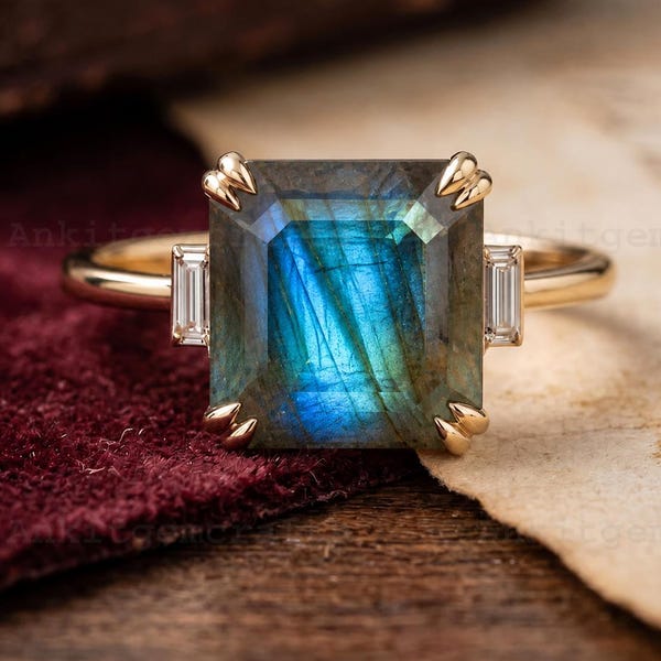 Asscher Cut Labradorite Promise Solitaire Engagement Ring Side stone Baguette Diamond Anniversary Ring14K Gold Ring Luxury Wedding Ring gift