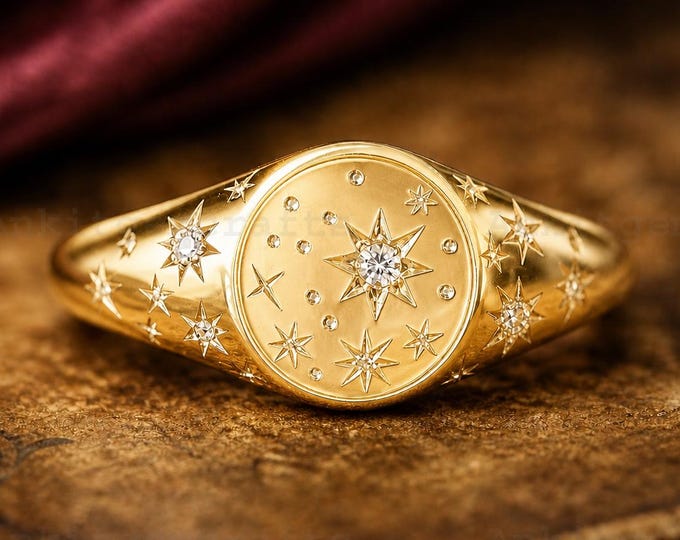 Vintage Diamond Celestial Signet Ring, 14k Solid Gold Star & Moon Dome Ring, Family Crest Ring, Personalized Jewelry, Signet Ring For Her