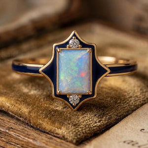 Anillo brazalete Royal Opal para mujer, joyería Art Deco chapada en oro de 18 quilates, regalo de piedra natal de octubre, anillo elegante de lujo.