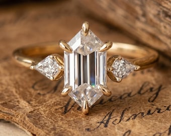Step Cut Dutch Marquise Moissanite Engagement Ring Trilogy 14k Solid Yellow Gold Ring Promise Ring For Women Three Stone Wedding Ring