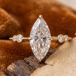 Vintage Marquise Moissanit Förlovningsring, Gult Guld Delikat Förlovningsring Elegant Statement Ring, Personliga Smycken För Årsdagspresent
