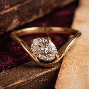 Oval Moissanite Ring 14k Solid Gold Floating Gem Ring East West Unique Sideway Oval Cut Ring Unique Floating Stone Wedding Promise Ring Gift