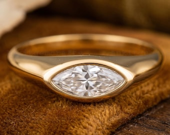 0.5 Carat East West Marquise Cut Solitaire Ring, Marquise Solitaire Full Bezel Set Ring, 14K Solid Yellow Gold Anniversary Gift, Trendy Ring