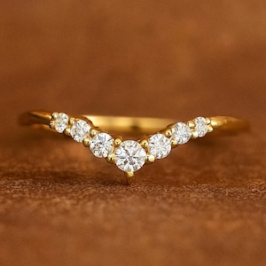 Round Cut Moissanite Curved Wedding Band, Handmade 14k Yellow Gold Round Cut Moissanite Matching Band Stacking Curved Bridal Ring For Her