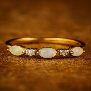 Delicate Opal Ring Vintage Opal Band Opal Wedding Band 14K Rose Gold Opal Ring Dainty Opal Ring, October Birthstone Ring Matching Band Ring