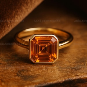 Asscher Cut Citrine Engagement Ring Bezel Set Citrine 14K Gold Wedding Rings Anniversary Ring For Women Citrine Unisex Customized Jewelry