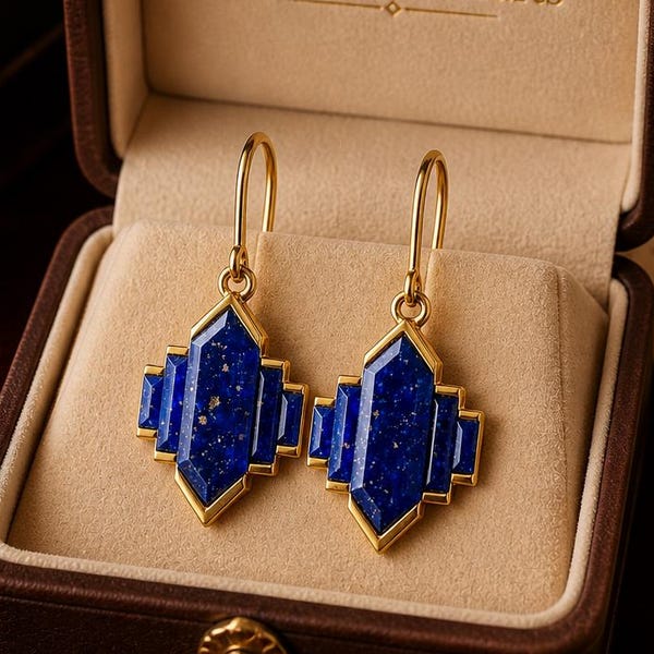 Lapis Lazuli Art Deco Earrings | Geometric Gold Drop Earrings | Handmade Dangle Jewelry | Statement Gift for Her | Christmas Gift