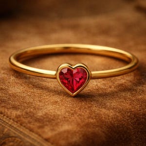 May include: A gold ring with a heart-shaped, red gemstone. The ring band is thin and polished, and the gemstone is set in a bezel setting. The ring is displayed on a brown surface.