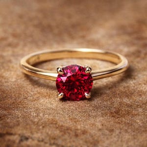 May include: A gold ring with a large, round, vibrant red gemstone. The ring's band is thin and polished, and the gemstone is held in place by four prongs. The ring is set against a textured, brown background.