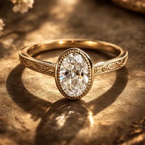 Op de afbeelding: Een gouden verlovingsring met een ovaal geslepen diamant. De ring heeft een gegraveerde band. De diamant is gezet in een bezel setting. De ring wordt gepresenteerd op een getextureerd oppervlak.