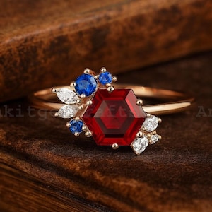 Hexagon Cut Garnet Wedding Ring, Delicate Blue Sapphire Ring, Anniversary Birthday Gift Engagement Ring, Unique Design Ring, Rose Gold Ring