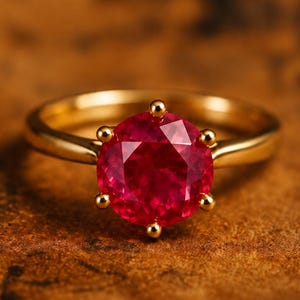 Ruby Solitaire Ring in Yellow Gold, Round Red Gemstone Ring, July Birthstone Jewelry, Minimalist Gold Statement Ring, Gift for Partner
