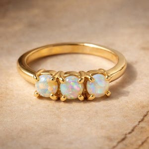 Anello con tre pietre di opale, delicato anello di fidanzamento in oro, anello di promessa minimalista, pietra portafortuna di ottobre, regalo di anniversario, gioielli impilabili