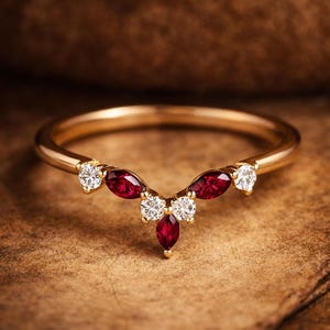 Puede incluir: Un anillo de oro con un diseño curvo, con piedras preciosas rojas y blancas. El anillo tiene una banda delicada y está engastado con rubíes rojos en forma de marquesa y diamantes redondos y claros. Las piedras están dispuestas en forma de V.