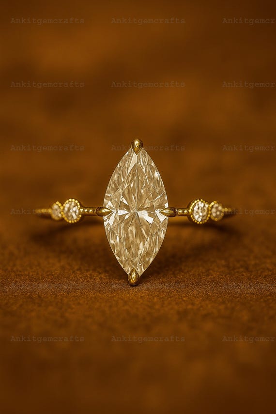 Vintage Marquise Moissanite Engagement Ring, Yellow Gold Delicate Engagement Dainty Statement Ring, Anniversary Gift Personalized Jewelry