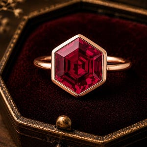 Op de afbeelding: Een roségouden ring met een grote, zeshoekig geslepen dieprode edelsteen in een bijpassende zeshoekige zetting. De ringband is glad en gepolijst en toont een strak, geometrisch ontwerp dat de levendige kleur van de centrale steen benadrukt.