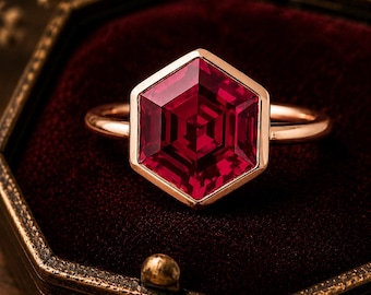 Hexagon cut red Ruby engagement ring Art deco rose gold ring Anniversary bridal bezel set split shank ring Promise Jewelry Birthday Gifts