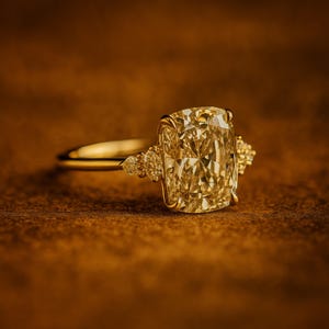 May include: A gold ring featuring a large, cushion-cut yellow diamond as the centerpiece. The ring has smaller accent stones on either side of the main stone. The ring is set against a brown background.