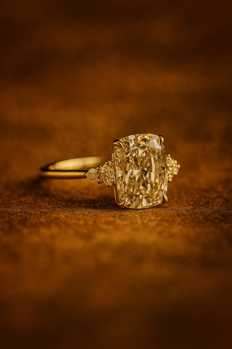 May include: A gold ring featuring a large, cushion-cut yellow diamond as the centerpiece. The ring has smaller accent stones on either side of the main stone. The ring is set against a brown background.