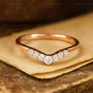 Round Cut Moissanite Curved Wedding Band, Handmade 14k Yellow Gold Round Cut Moissanite Matching Band Stacking Curved Bridal Ring For Her