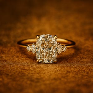 May include: A gold ring with a large, rectangular-cut diamond as the centerpiece. The ring features smaller diamonds on either side of the main stone. The ring is set against a warm, brown background, highlighting the sparkle of the diamonds.