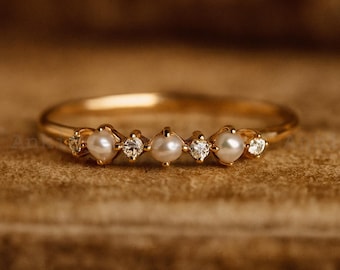 Naturlig pärlring Elegant pärlring 14k massivt gult guld pärlring Enkel ring Juni födelsesten Minimalistisk ring Sterlingsilver pärlring