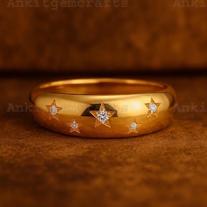 Moissanite Starburst Wedding Band Ring, 14k Solid Gold Dainty Star Setting Anniversary Band, Pave Celestial Ring Women, Matching Band Gift