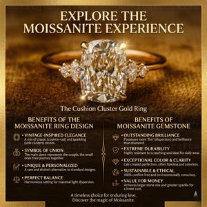 May include: A gold ring with a large, cushion-cut moissanite center stone and smaller side stones. The ring is displayed on a textured, golden background with text that reads "Explore the Moissanite Experience."