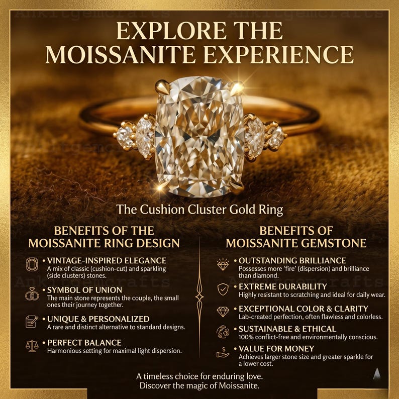 May include: A gold ring with a large, cushion-cut moissanite center stone and smaller side stones. The ring is displayed on a textured, golden background with text that reads "Explore the Moissanite Experience."