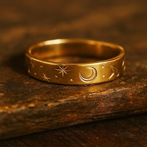 Celestial Band Ring, Moon and Stars Ring, Sun Band Ring, Celestial Wedding Ring | 14k Gold Fill, Sterling Silver, Anniversary Gift For Women