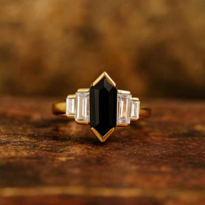 Retro Hexagon Black Onyx Ring Baguette Moissanite Engagement Ring Natural Black Onyx Bridal Ring Bezel Set Promise Jewelry Anniversary Gifts