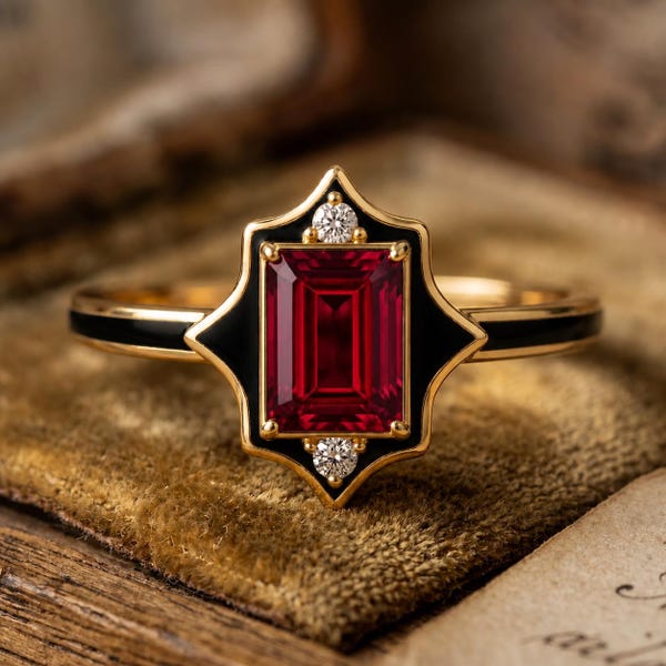 Royal Red Ruby Bangle Ring for Women, 18K Gold Plated Art Deco Statement Jewelry, July Birthstone Gift, Elegant Luxury Ring