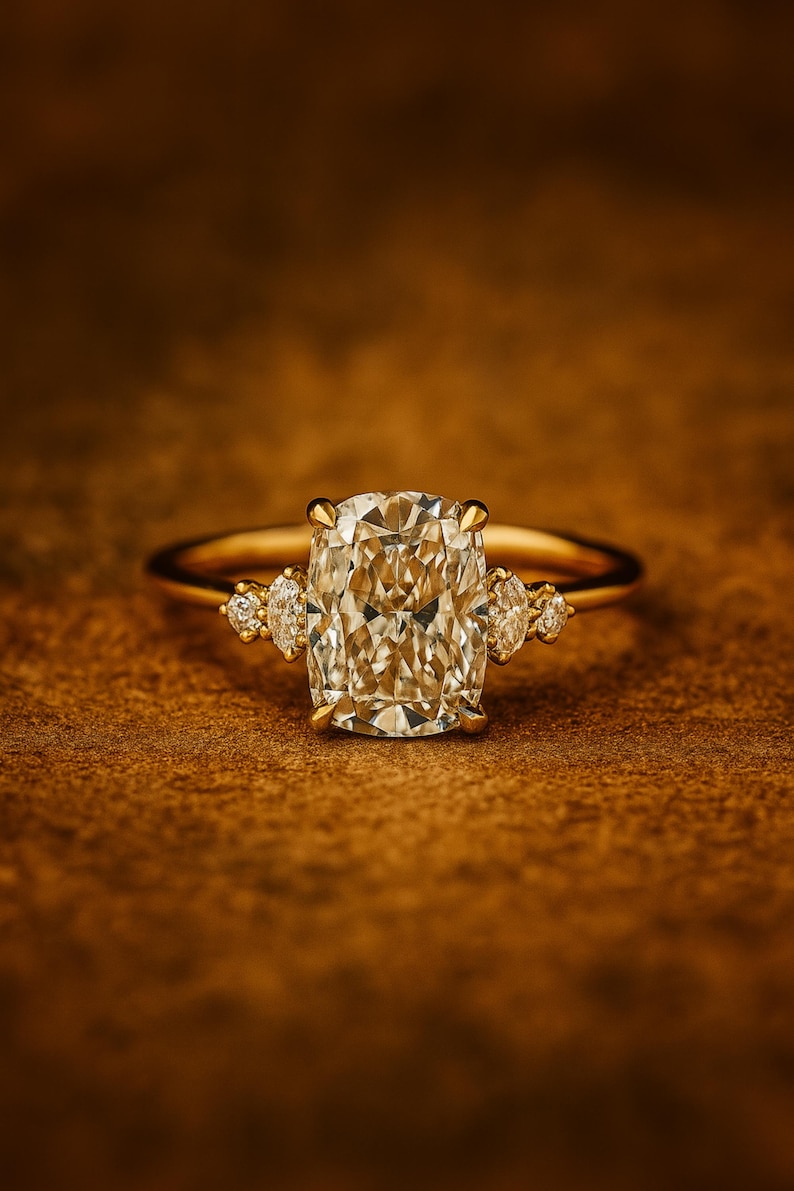 May include: A gold ring with a large, rectangular-cut diamond as the centerpiece. The ring features smaller diamonds on either side of the main stone. The ring is set against a warm, brown background, highlighting the sparkle of the diamonds.