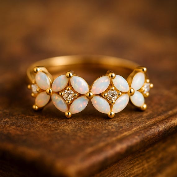 Opal Ring 18k Solid Gold Ring October Birthstone Ring Marquise Cluster Opal Ring Wedding Ring Unique Butterfly Ring Anniversary Gift For Her